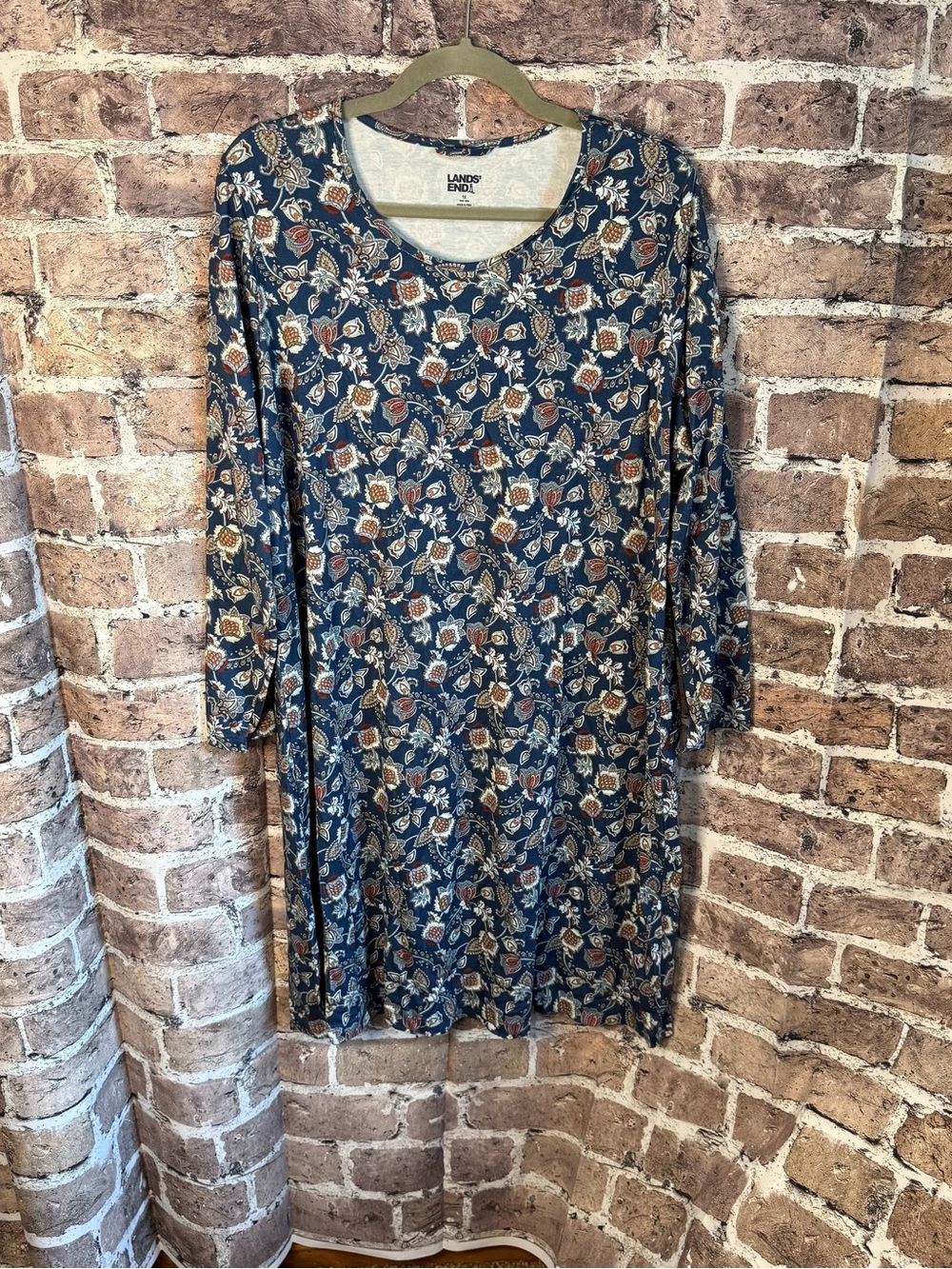 Lands’ End Women’s 1X 16W–18W Navy Floral Paisley Cotton Knit Dress